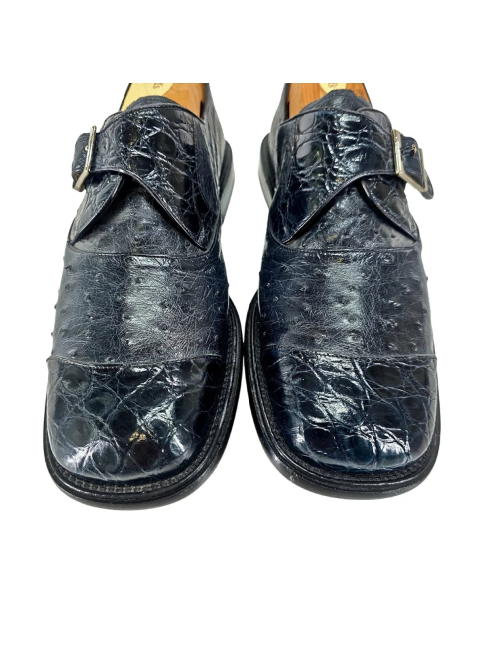 Mezlan Platinum Genuine Ostrich Monk Strap Cap Toe Dress Shoes Black 8.5 Spain